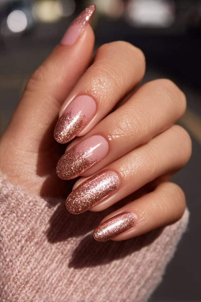 Metallic gold pink chrome nails with mirror-like shine.