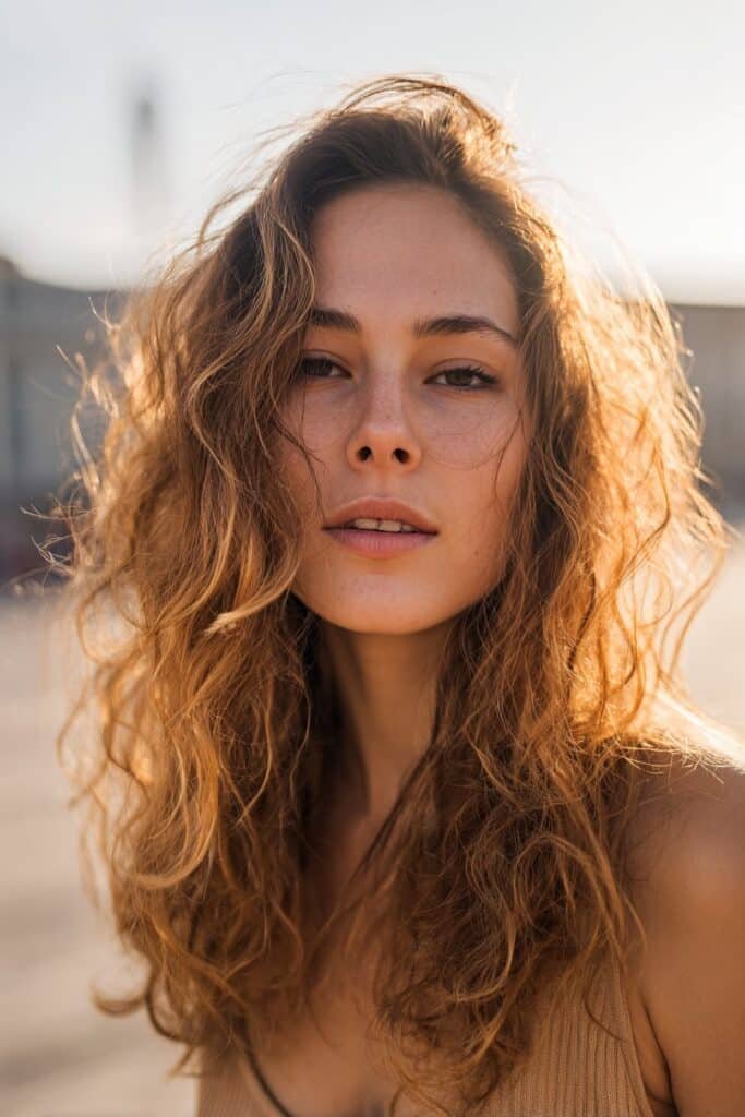 brunette hair with golden bronze highlights and beachy waves