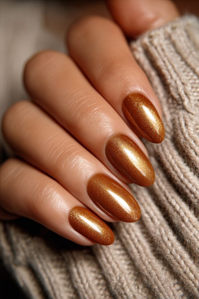 Warm golden honey nails with soft shimmer and glossy shine.