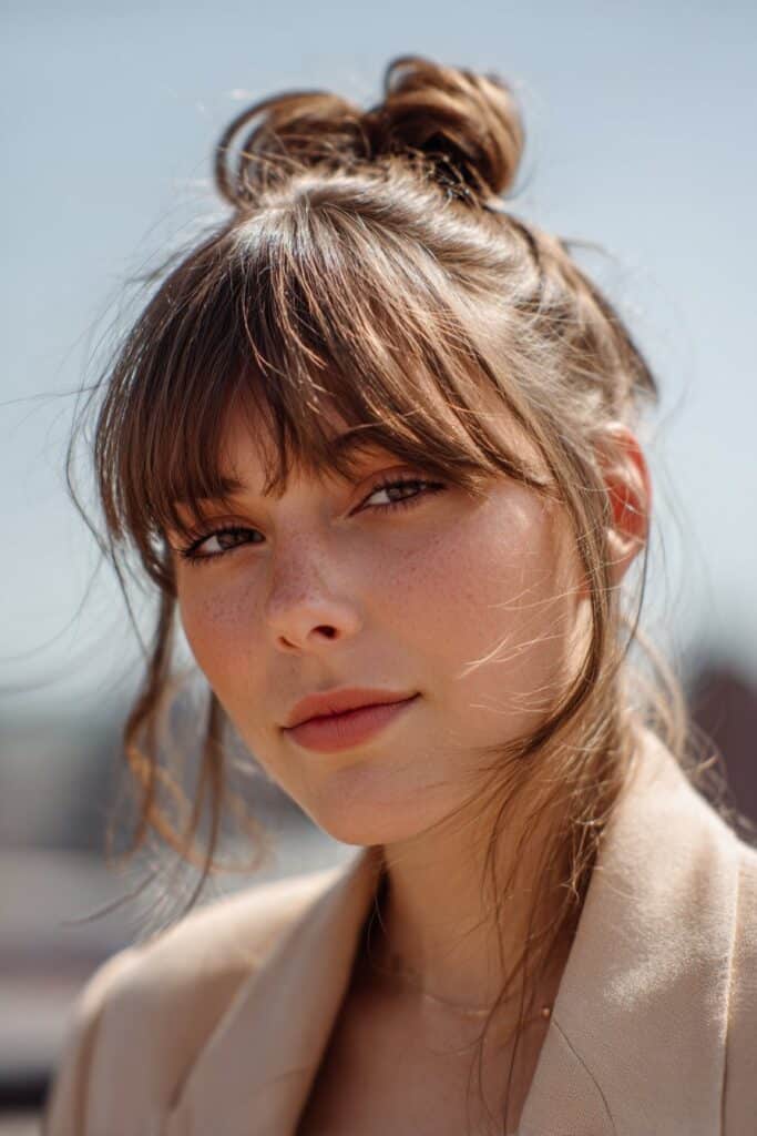 half-up formal updo with layered bangs, elegant soft hairstyle close view