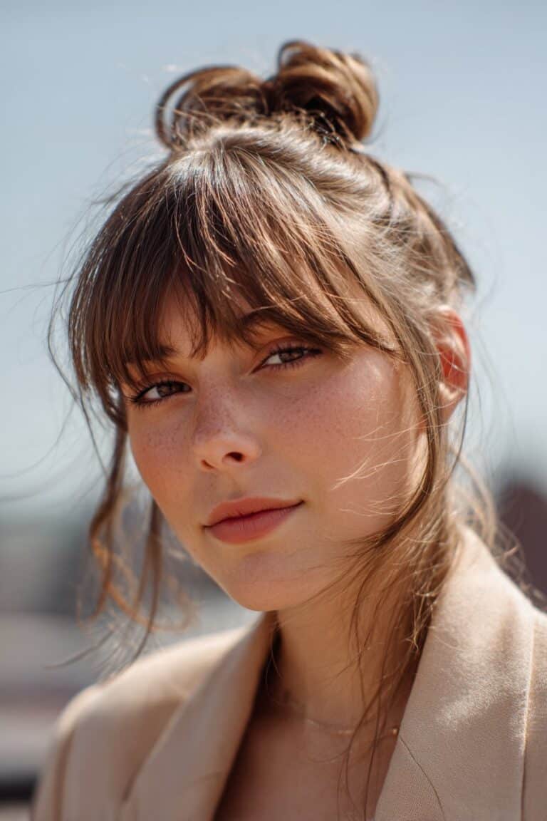 half-up formal updo with layered bangs, elegant soft hairstyle close view
