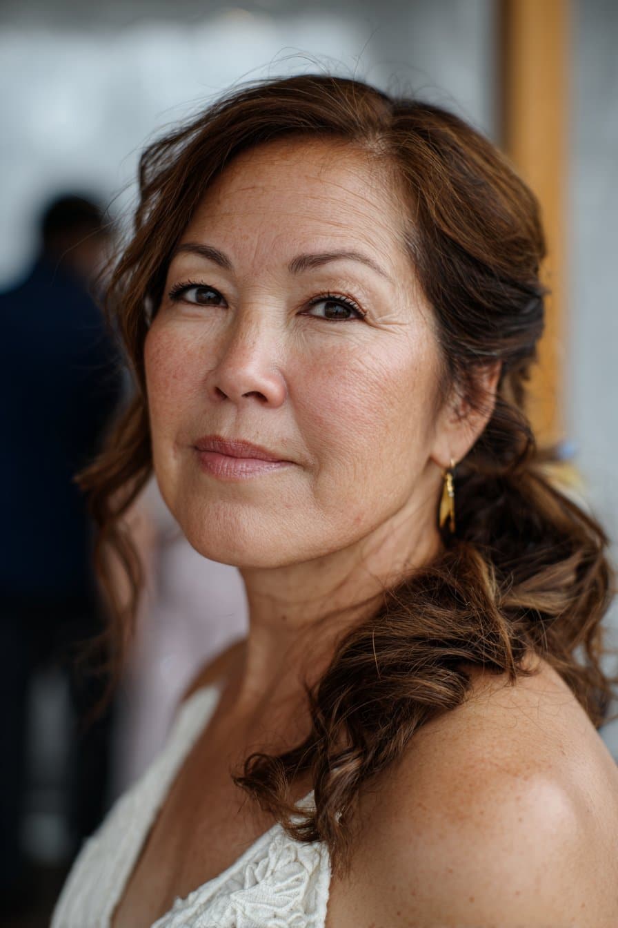 older woman with half up half down waves for wedding hairstyle