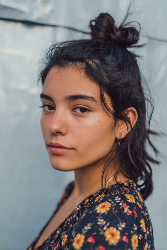 woman with half-up low bun hairstyle, top bun with loose hair