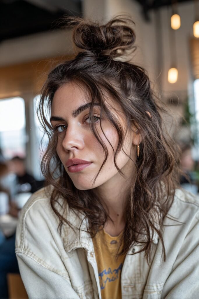 woman with half up low bun hairstyle, loose natural texture