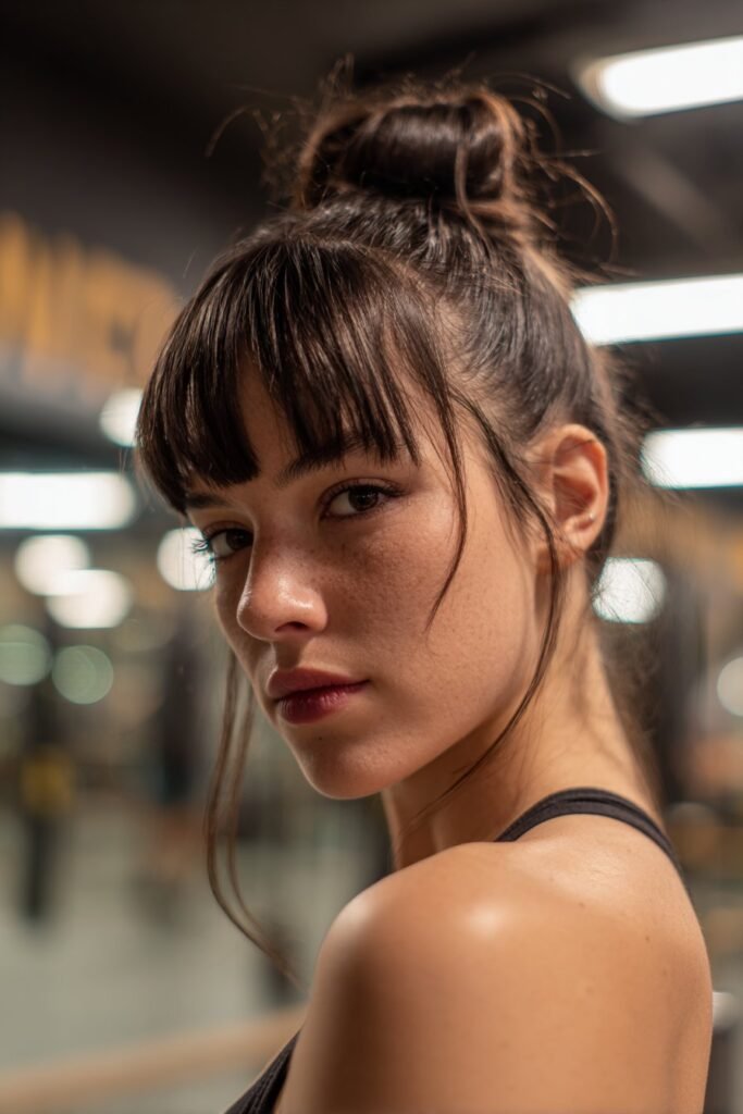 high ballerina bun with blunt bangs, neat structured updo hairstyle