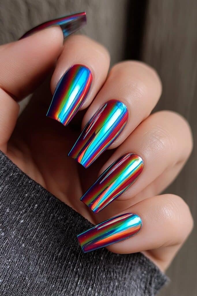Holographic nails with red, blue, and silver chrome shine.