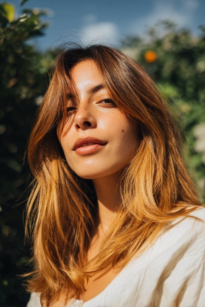 brunette hair with warm honey blonde highlights and smooth layers