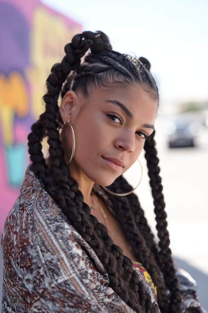 woman with jumbo braids hairstyle, thick bold braids