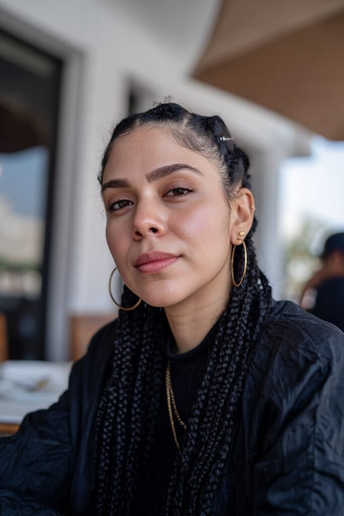woman with knotless braids hairstyle, smooth natural finish