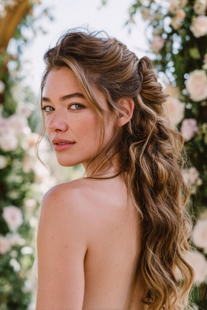 bridesmaid with knotted low ponytail and soft texture