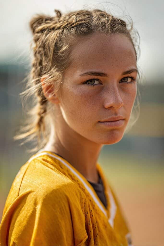 girl with mini ponytail knot, simple softball hairstyles for short hair