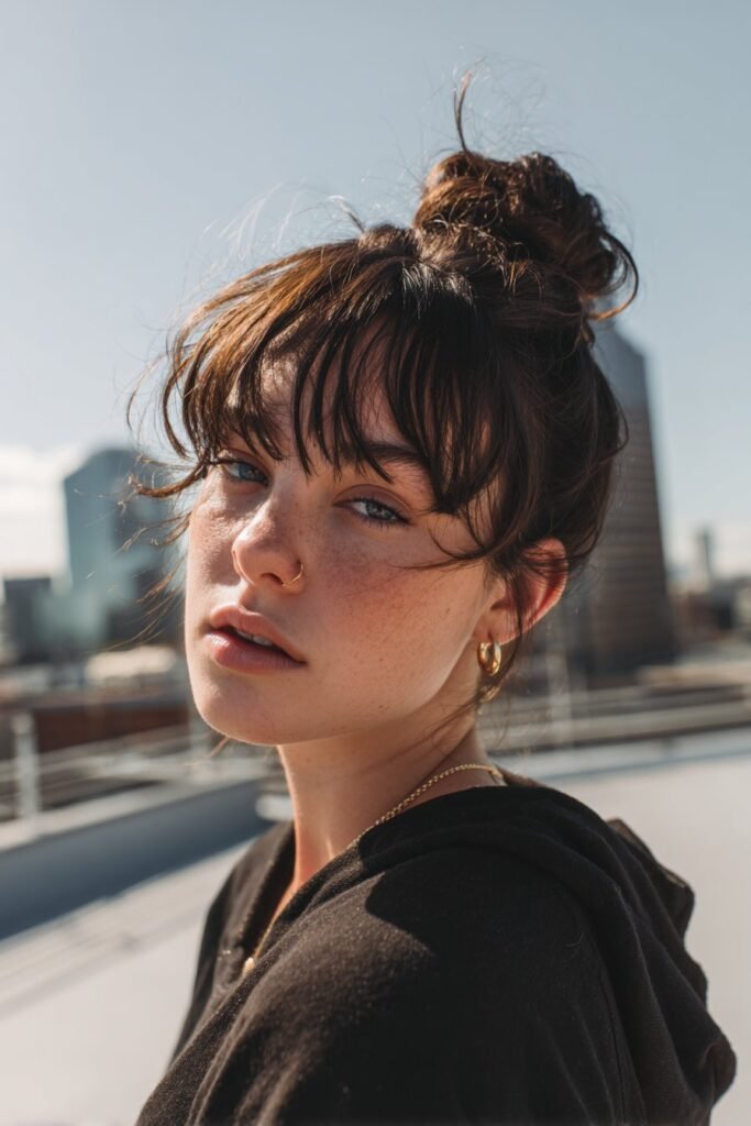 knotted updo with micro bangs, edgy modern hairstyle detail