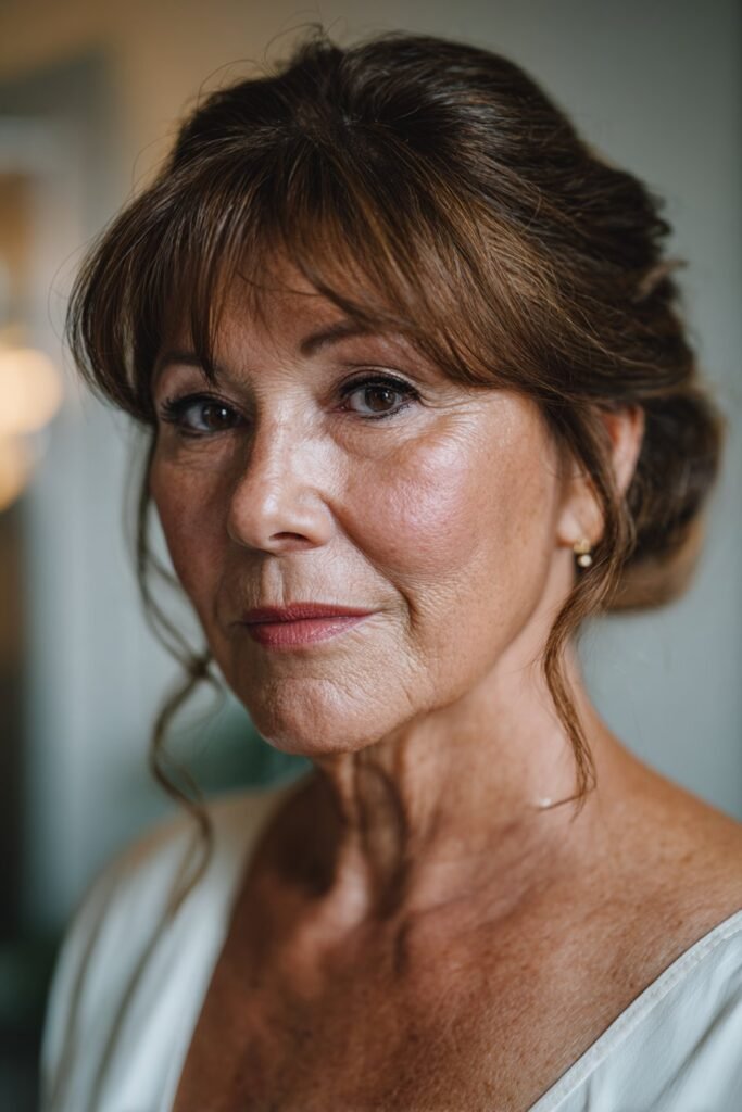 mother of the bride layered bangs voluminous updo hairstyle