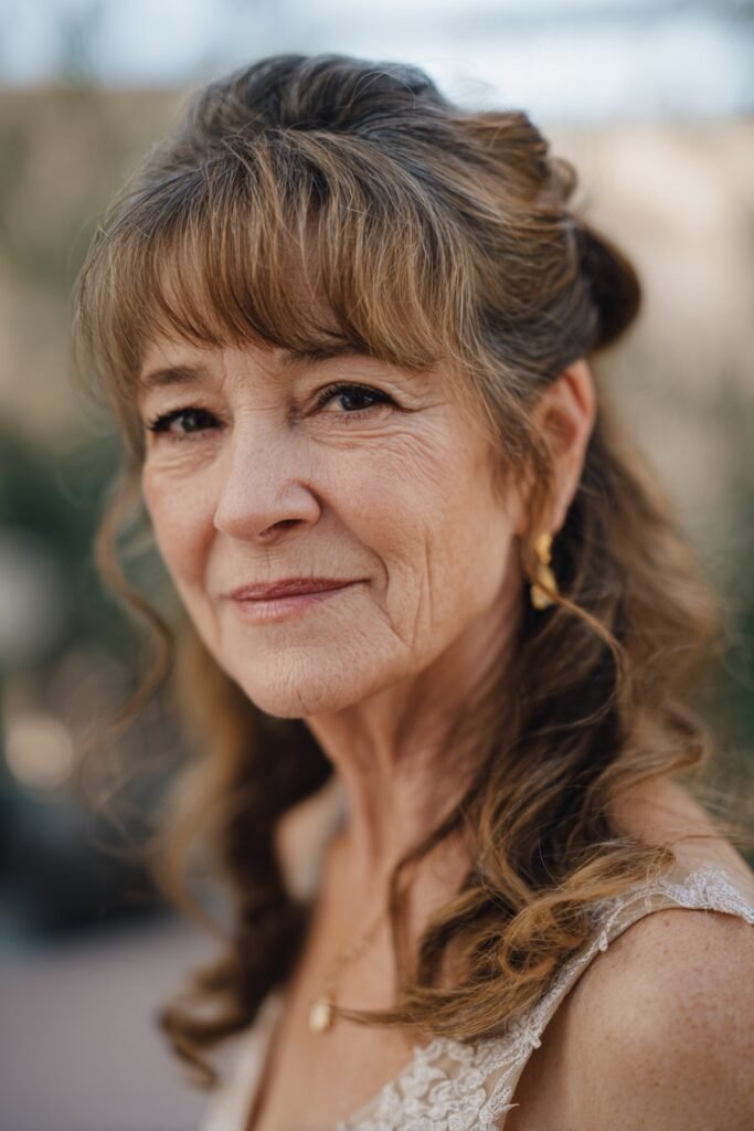 layered side bangs with upswept curls mother of the bride hairstyle