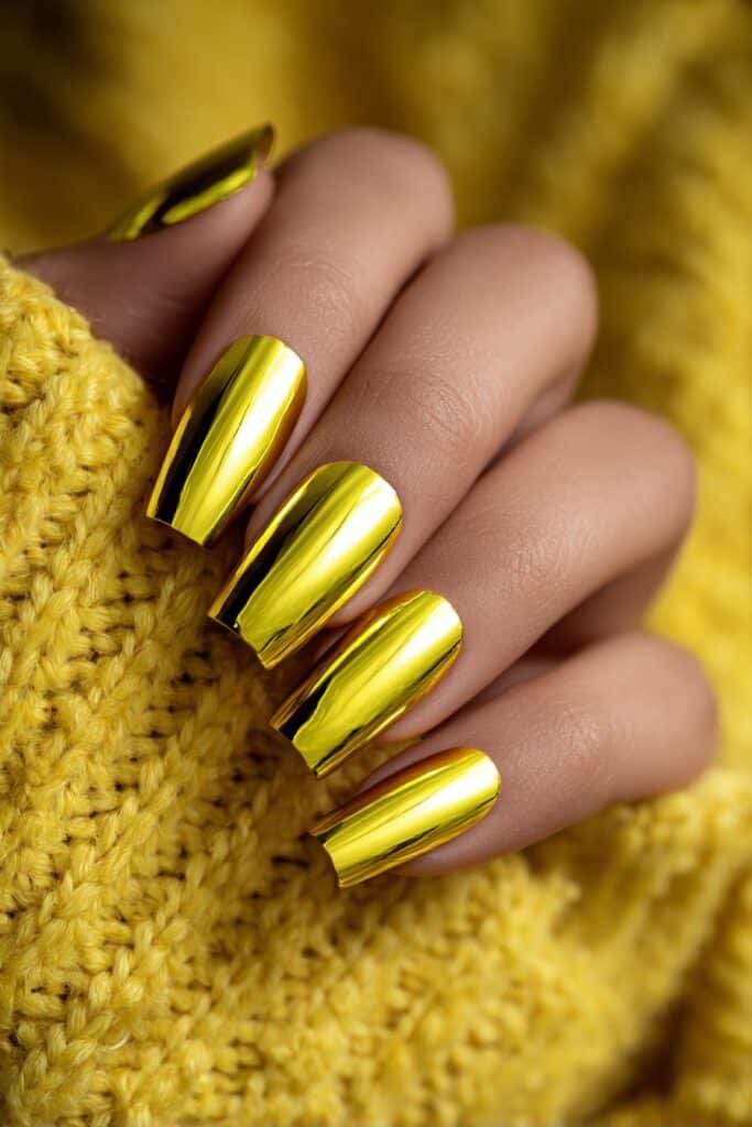 Metallic lemon yellow chrome nails with mirror shine finish.