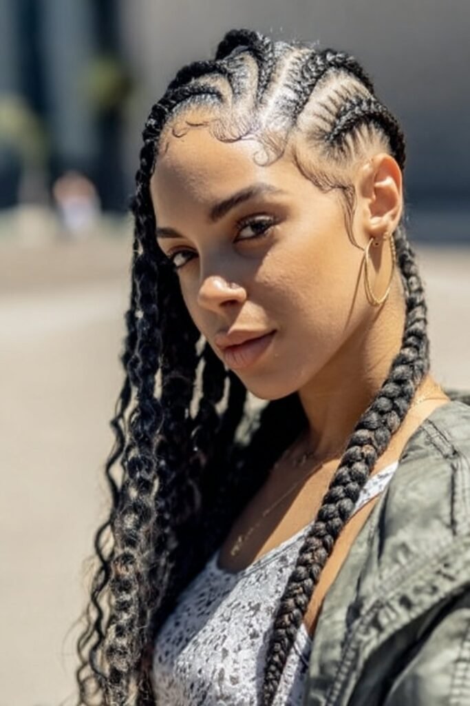 woman with lemonade braids hairstyle, side swept cornrows