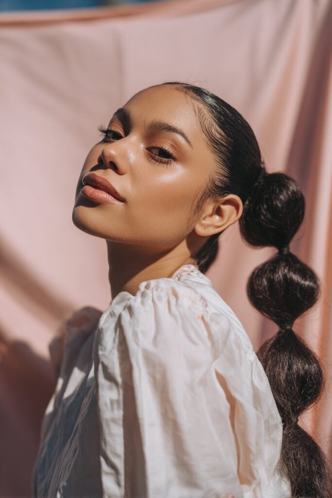 woman with low bubble ponytail hairstyle, soft evenly spaced bubble sections
