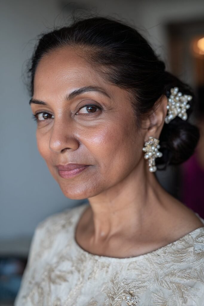 older woman with low bun and pearl hair accessories wedding style