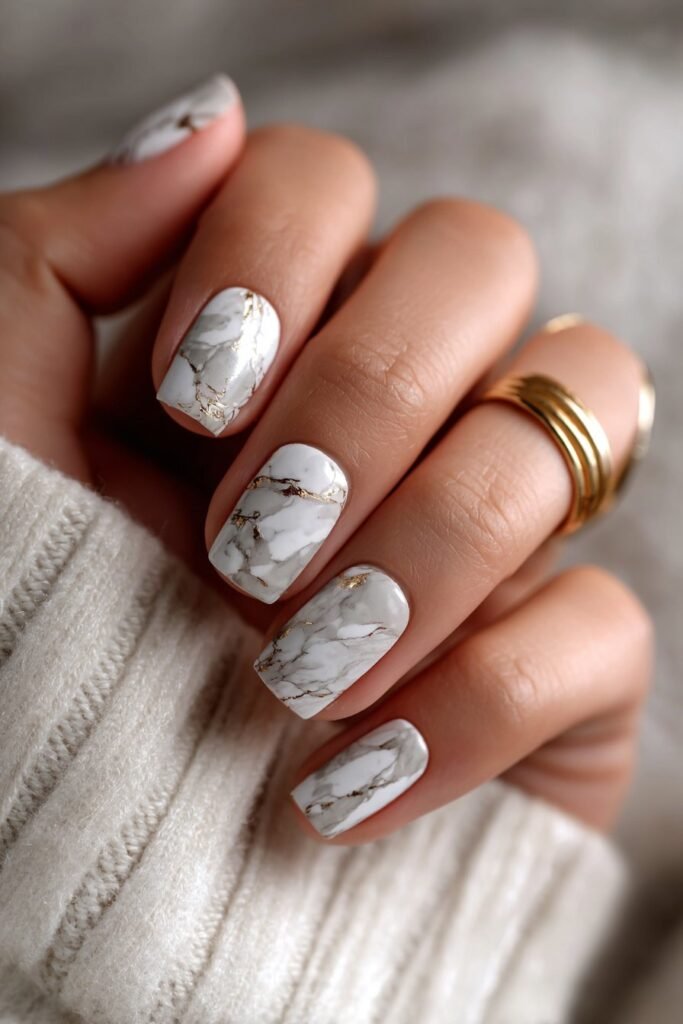 Square nails with marble swirls and subtle gold vein details.