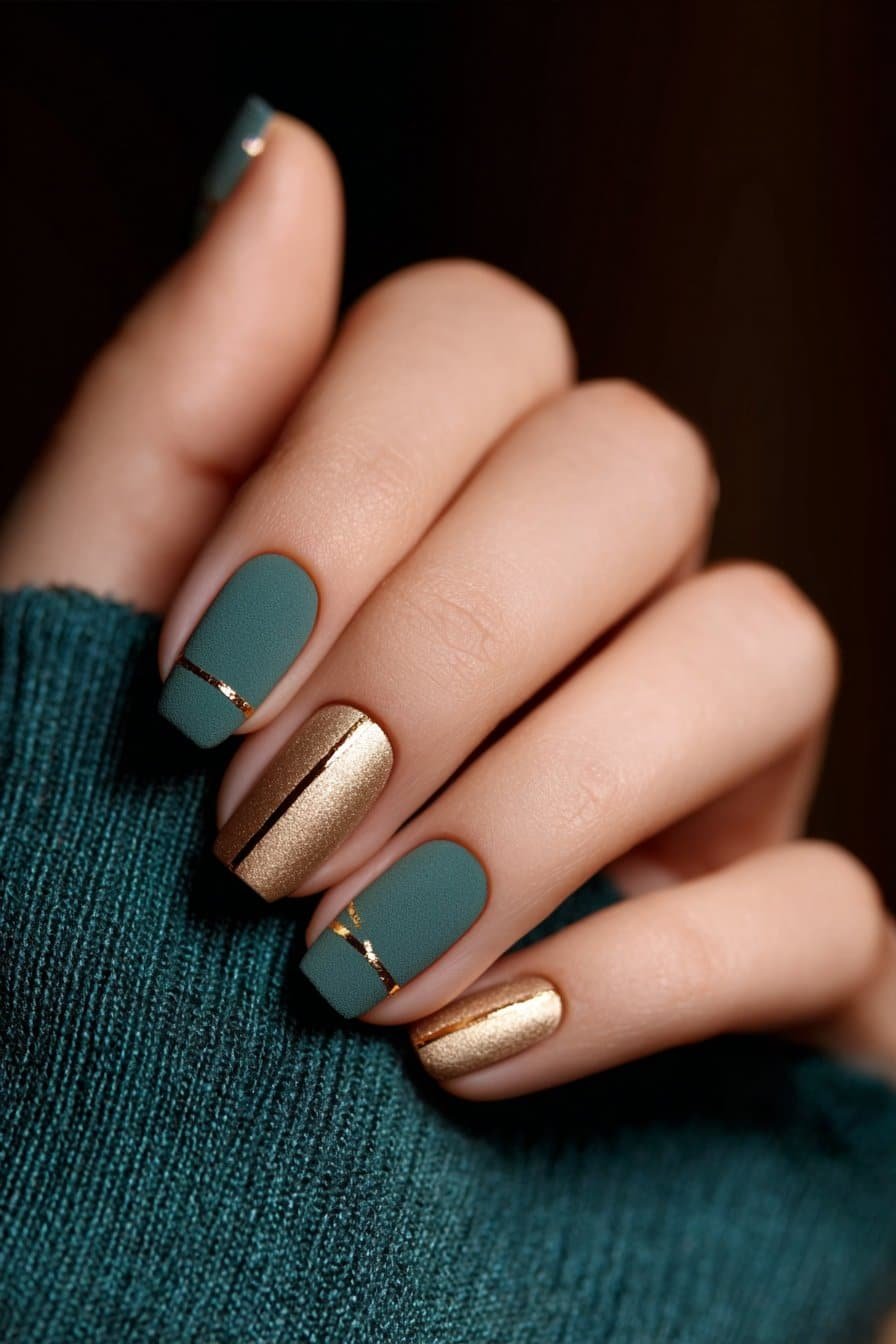 Matte nails with subtle gold foil accents and thin lines.