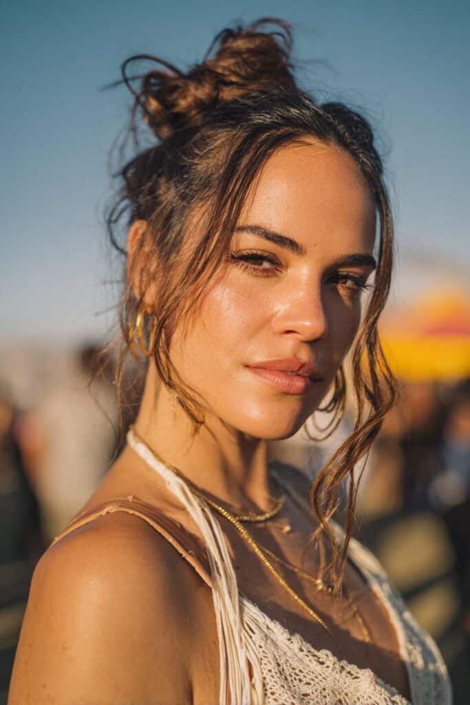 messy low bun relaxed Coachella hairstyle look