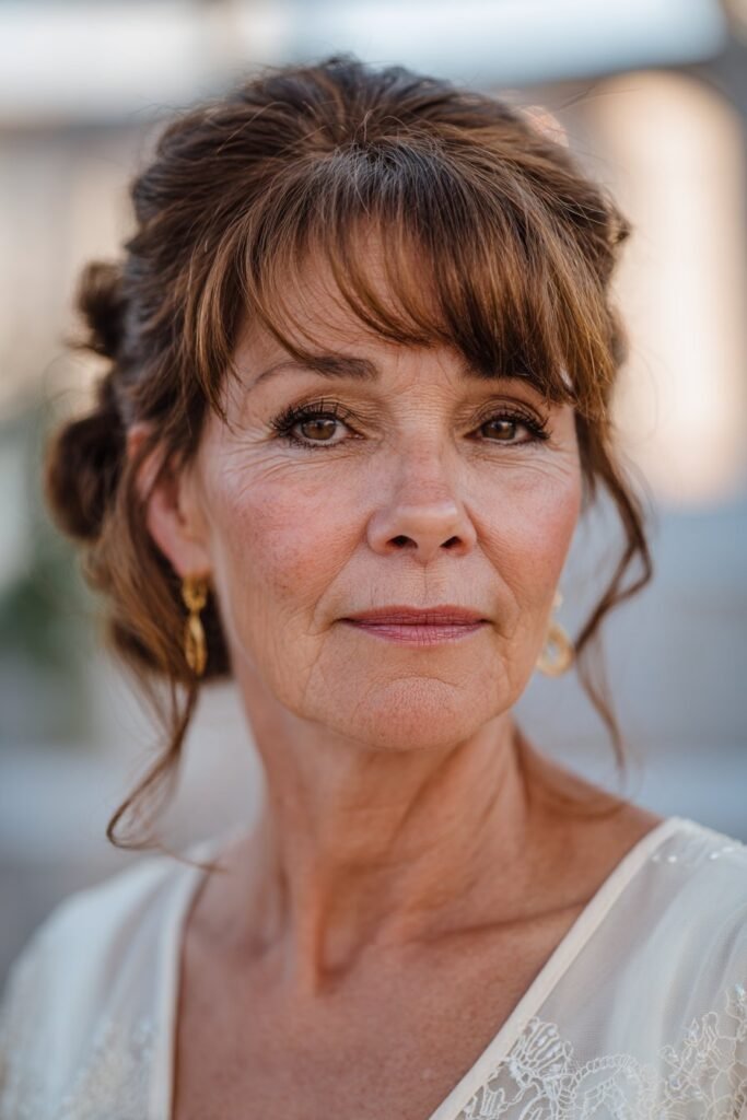 older woman micro bangs French twist elegant hairstyle