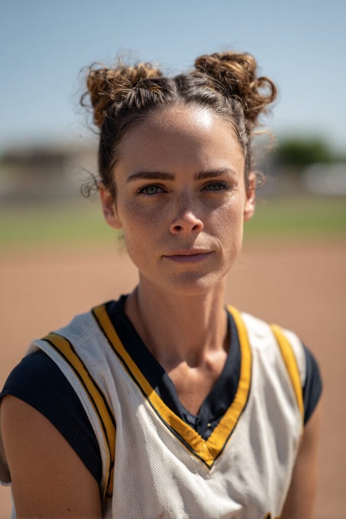 girl with mini space buns, playful softball hairstyles for short hair