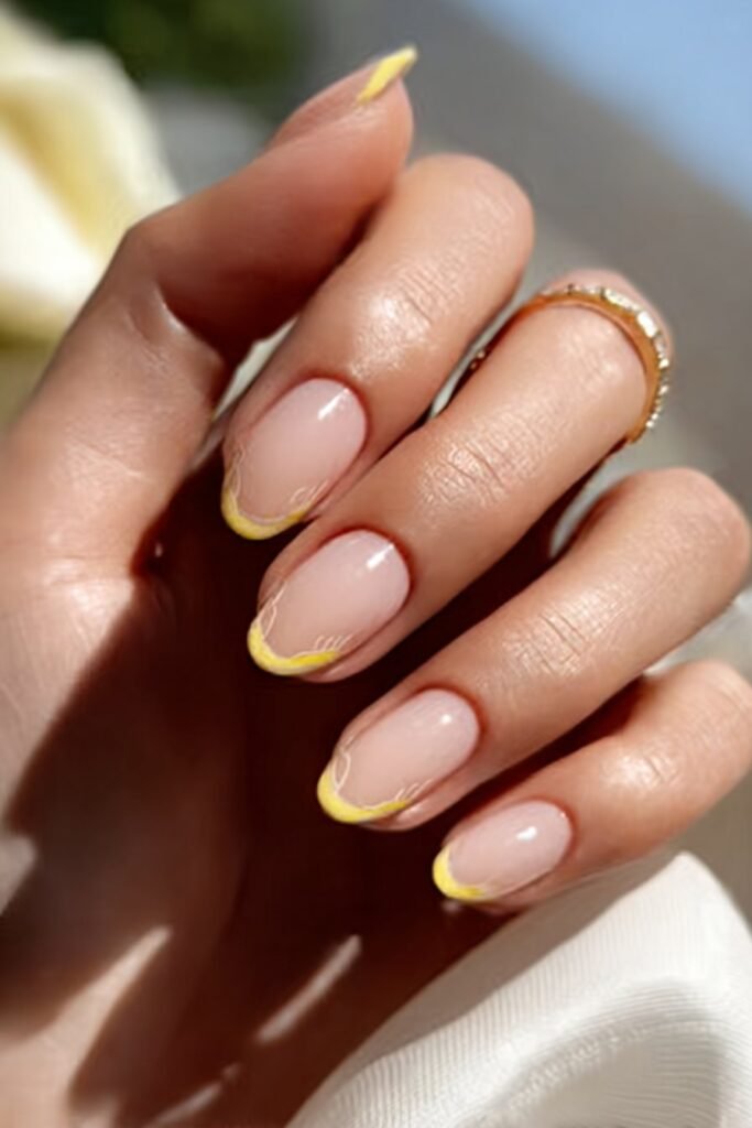 Nails with thin minimalist lemon outline designs.