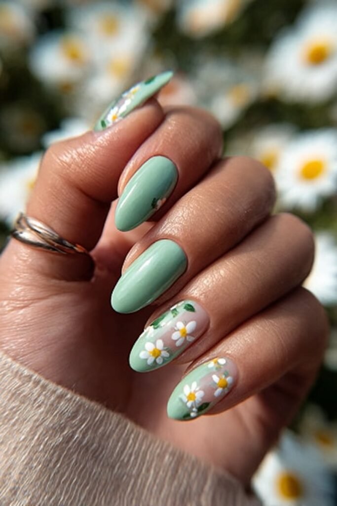 Mint green almond nails with tiny white daisy flowers.