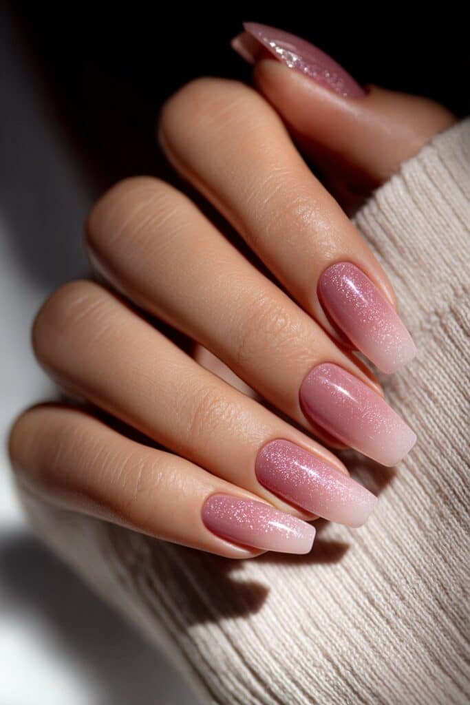 Neutral ombre nails with soft glitter overlay and smooth gradient blend.