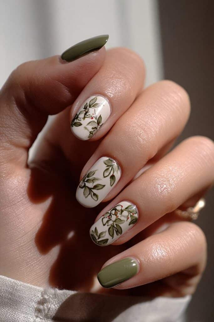 Nails with olive branch and white accent illustrations.