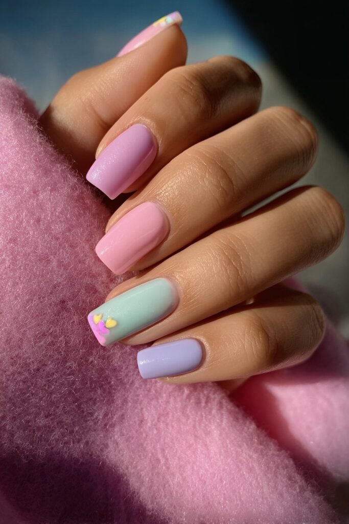 Square nails in soft pastel shades of pink, lavender, and mint.