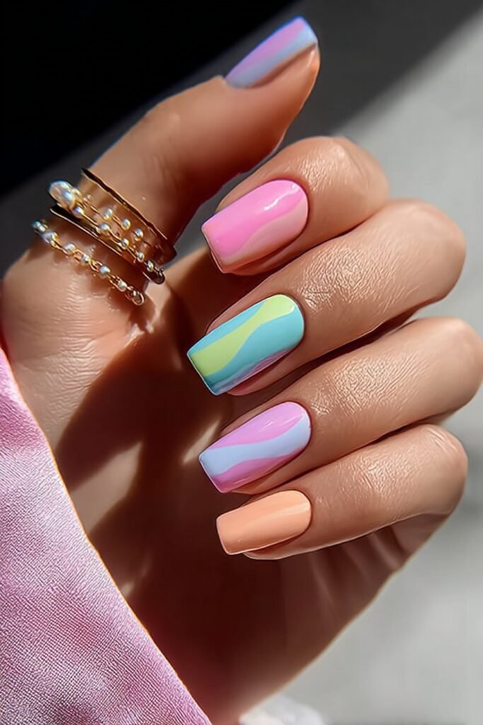 Square nails in soft pastel rainbow shades with glossy finish.