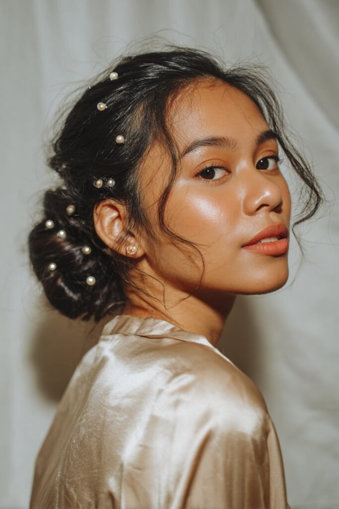 woman with pearl-adorned low bun hairstyle, elegant pearl accents