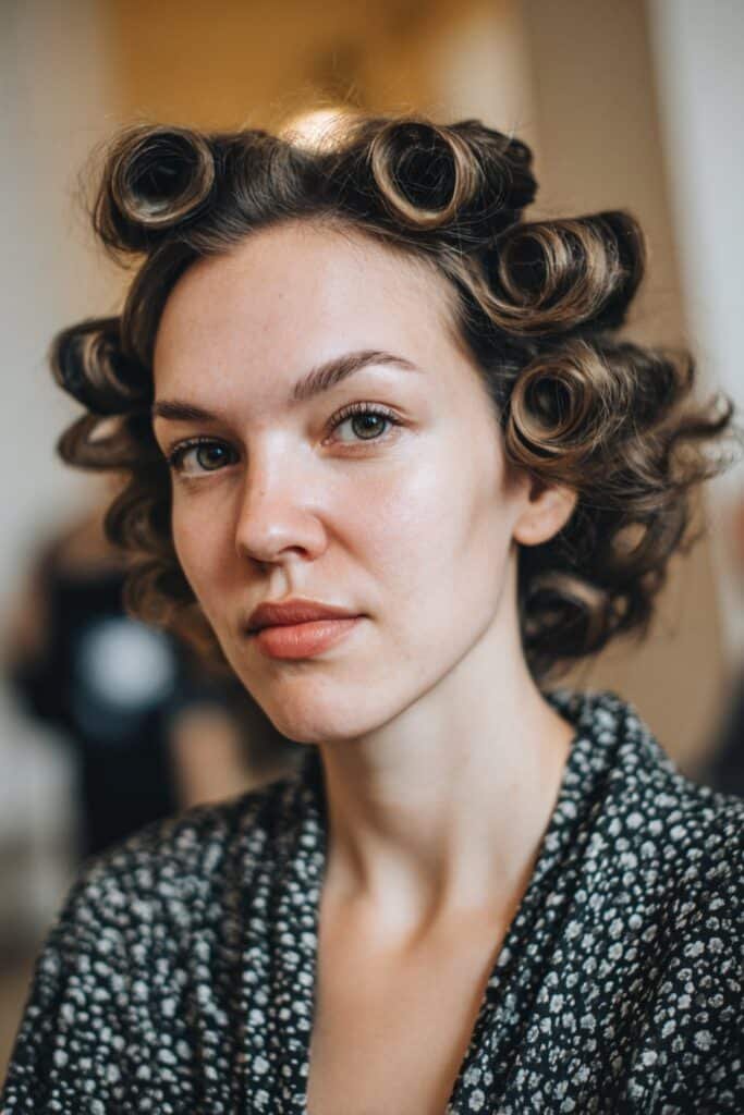 woman with pin curls hairstyle, defined tight curls