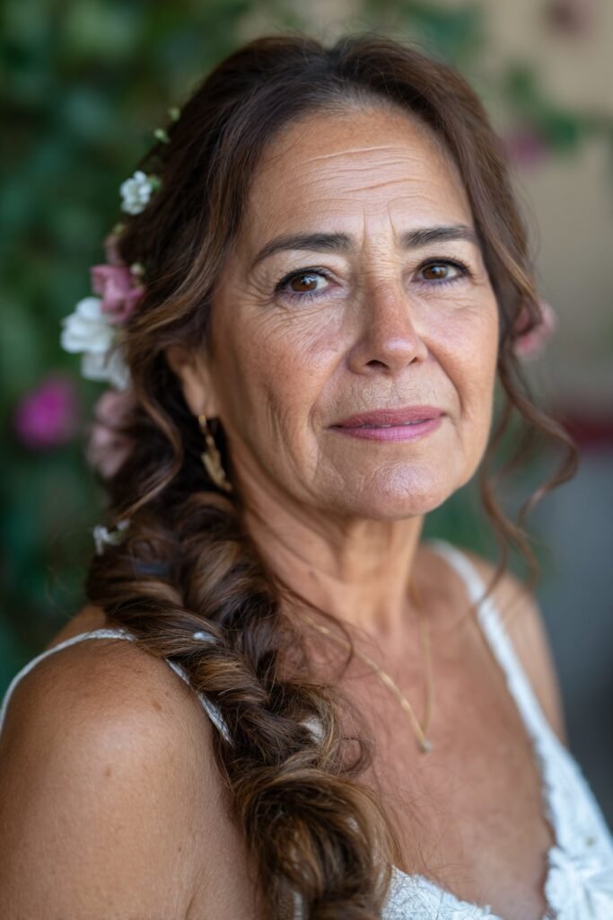 older woman with loose braid and floral accents wedding hairstyle