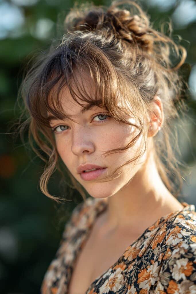 woman with romantic low bun hairstyle, soft face framing strands