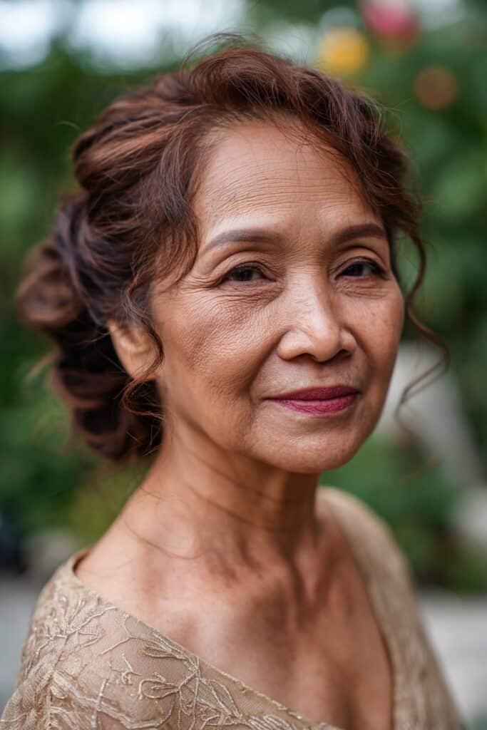 older woman with soft updo and cascading curls at wedding