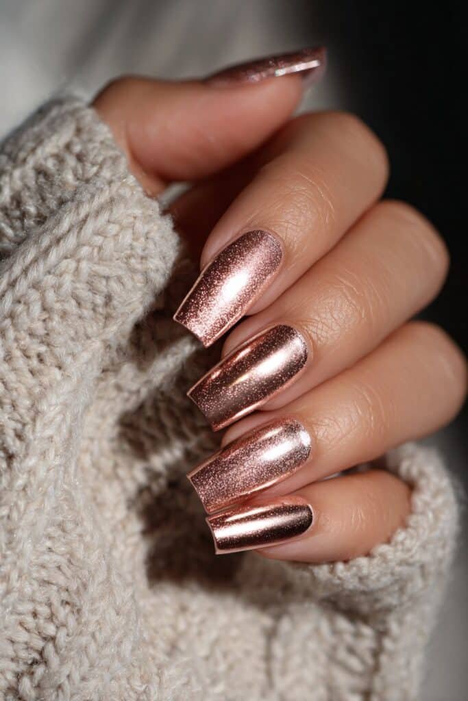 Nails with rose gold shimmer and metallic accents.