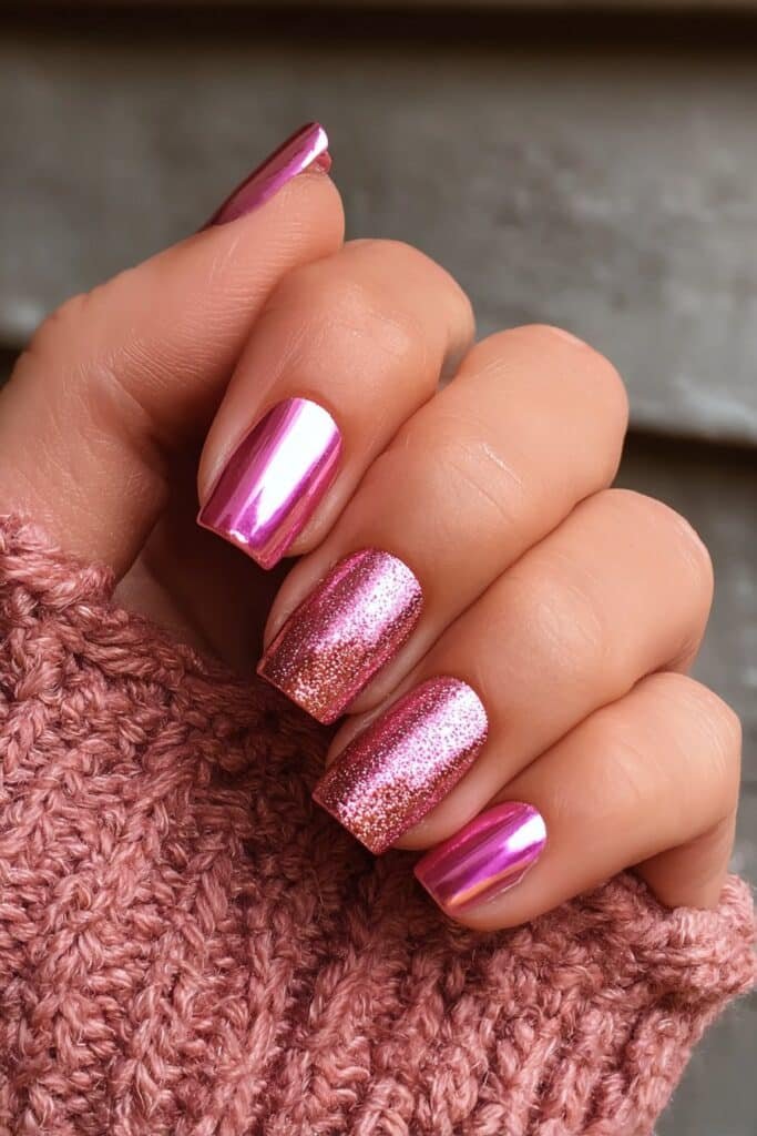 Square nails with rose gold metallic shine and shimmer.