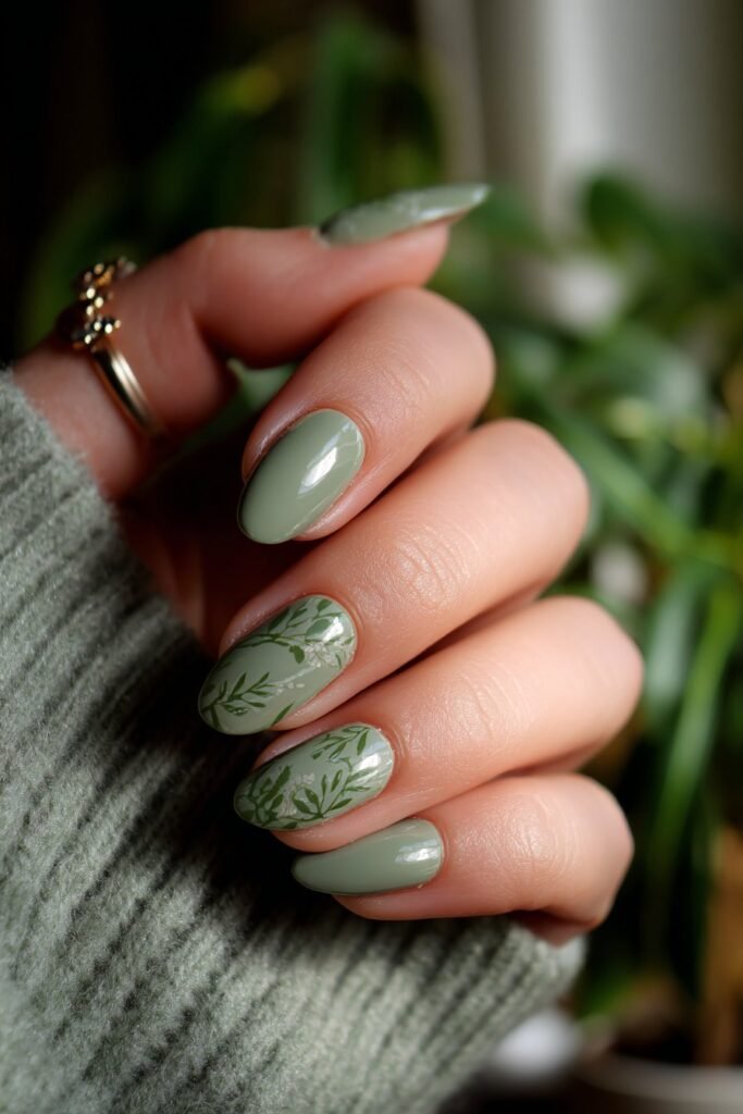 Sage green nails with delicate botanical leaf patterns.