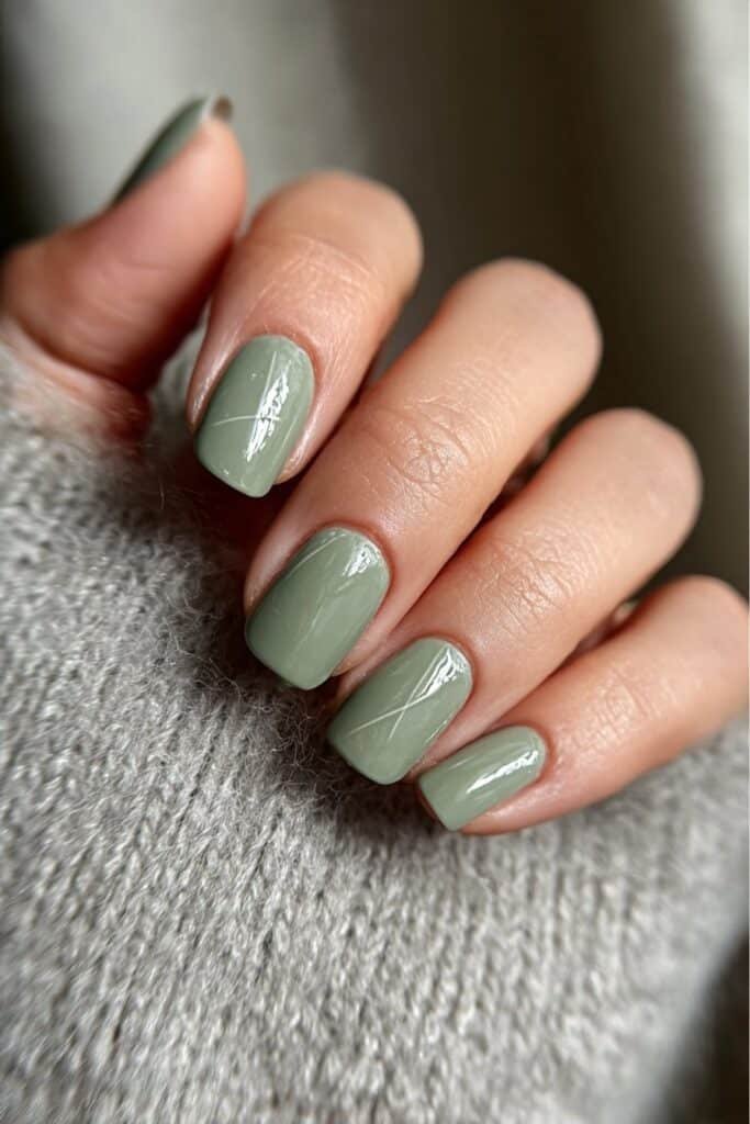 Soft sage green square nails with smooth glossy finish.