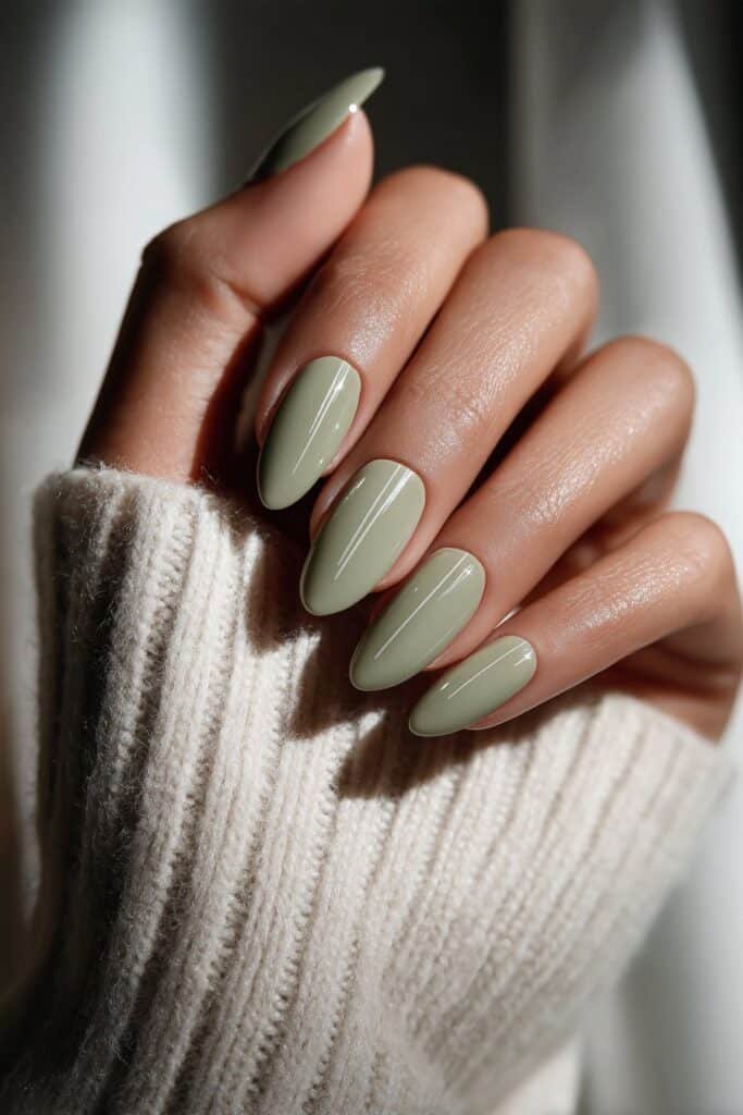 Sage green almond nails with minimal line art accents.