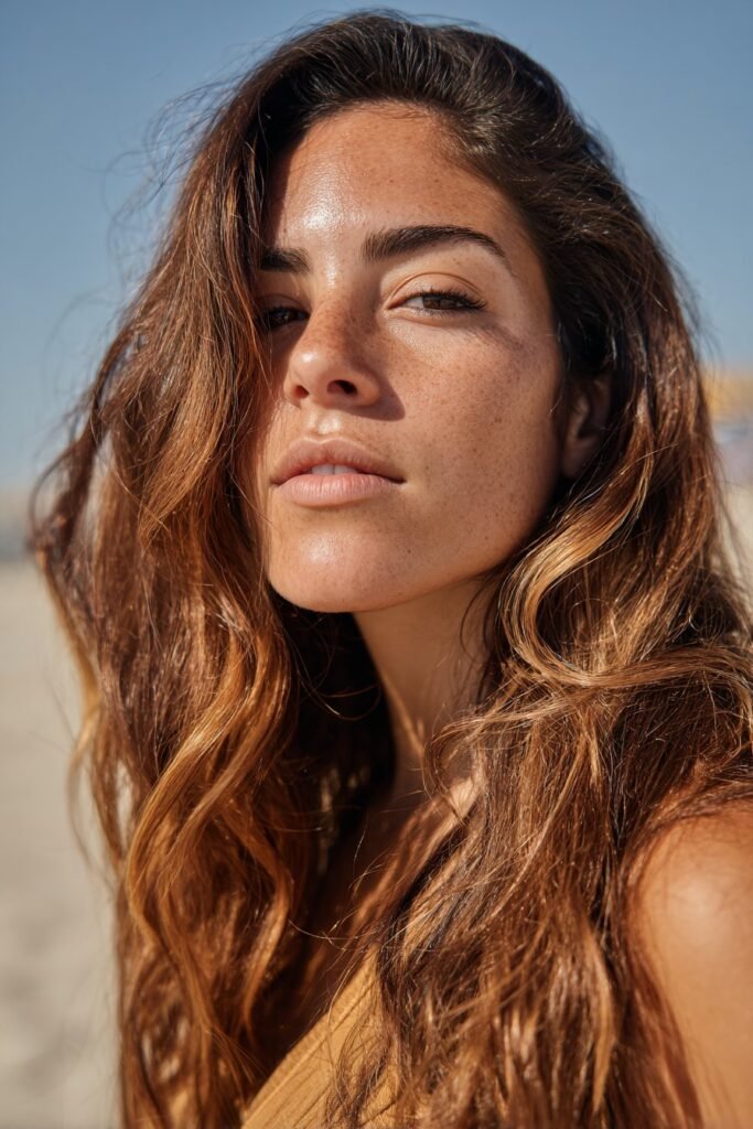 brunette hair with light sandy brown highlights and soft waves