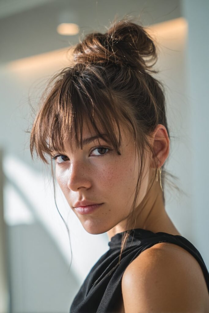 sculptural top knot with textured bangs, high fashion updo hairstyle
