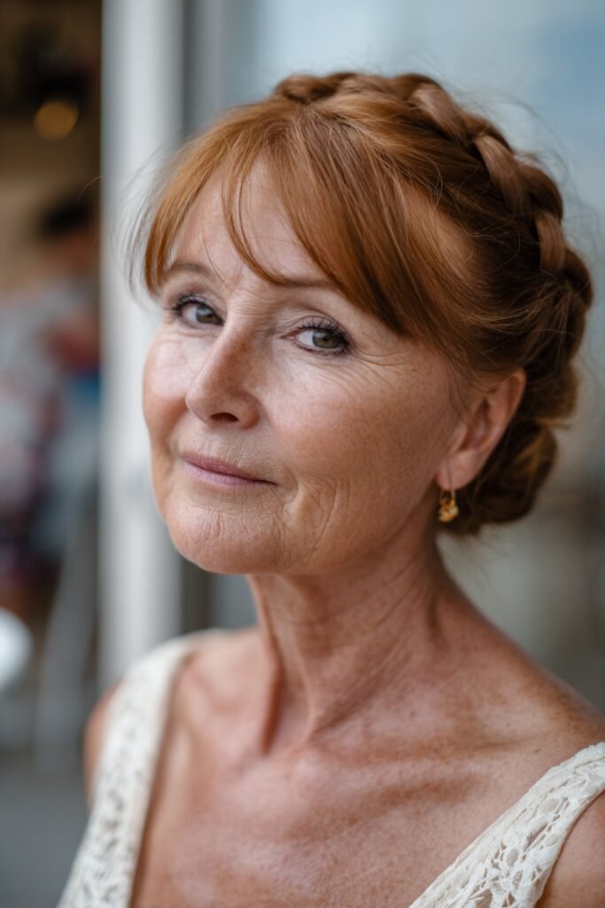 mother of the bride side parted bangs braided crown hairstyle