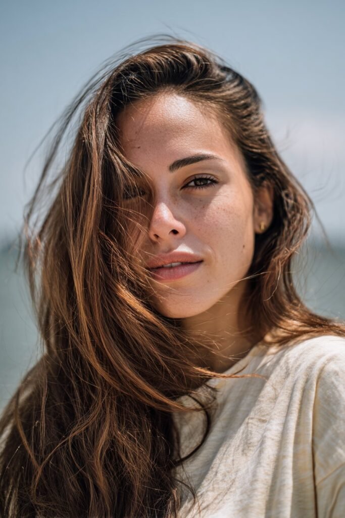 side-swept long layered hair with soft movement, flowing hairstyle close view