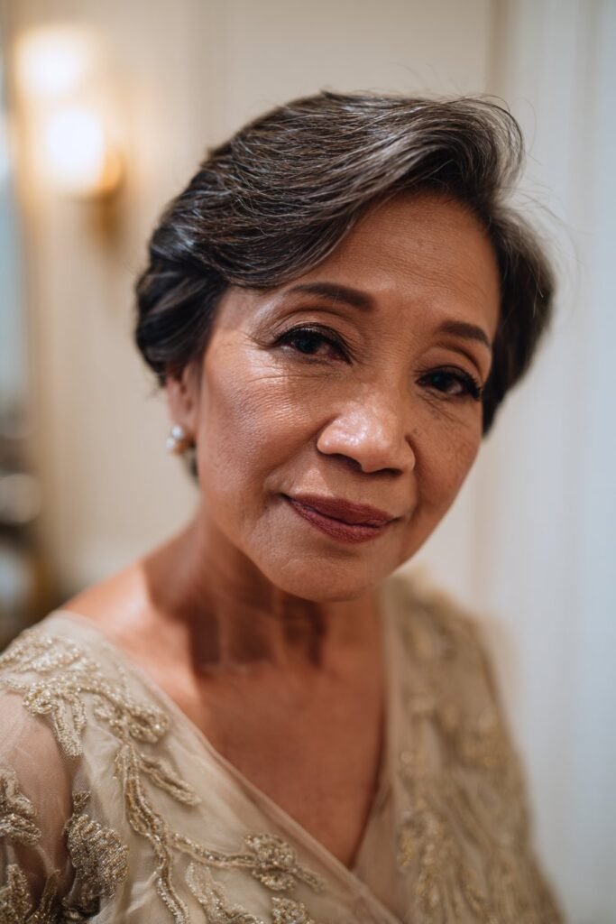 older woman with side swept loose waves for formal wedding look