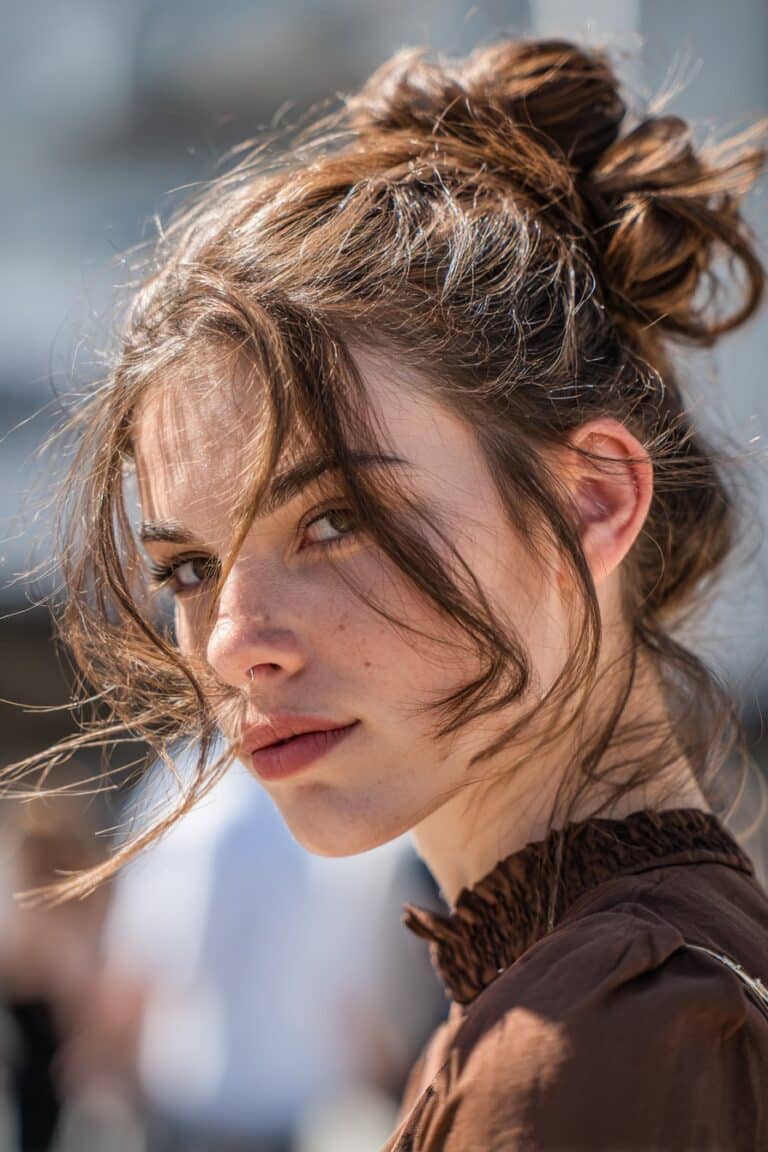 woman with side swept low bun hairstyle, asymmetrical bun