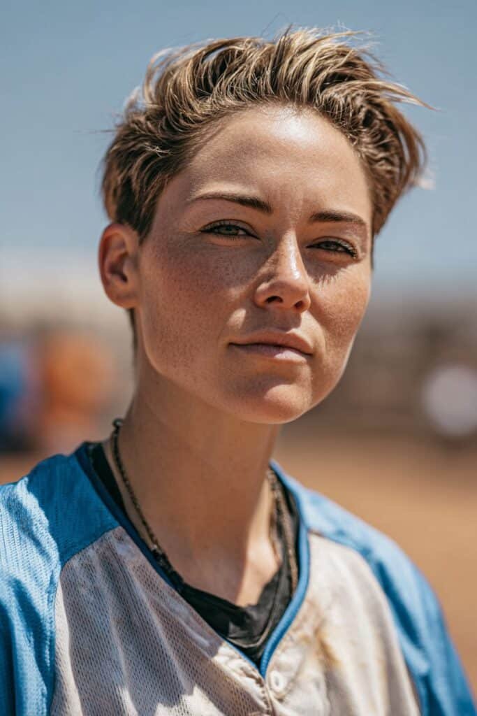 girl with side swept short hair, easy softball hairstyles